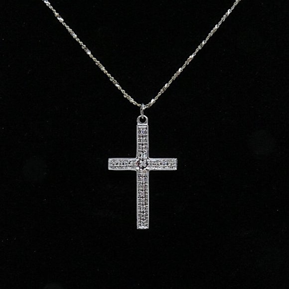14k White Gold Diamond Cross Pendant Necklace 22”